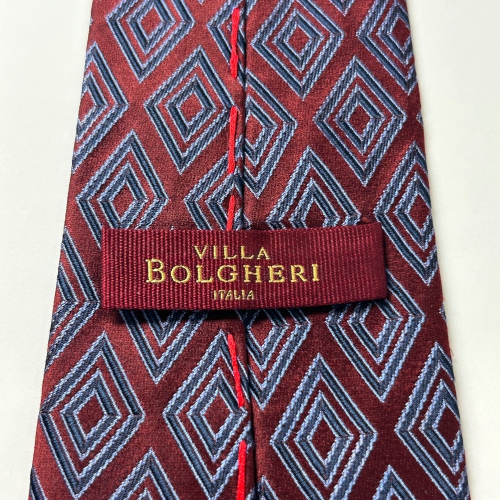 Villa Bolgheri Burgundy Blue Diamond Geometric Jacquard 100% Silk Tie Italy - Picture 4 of 10